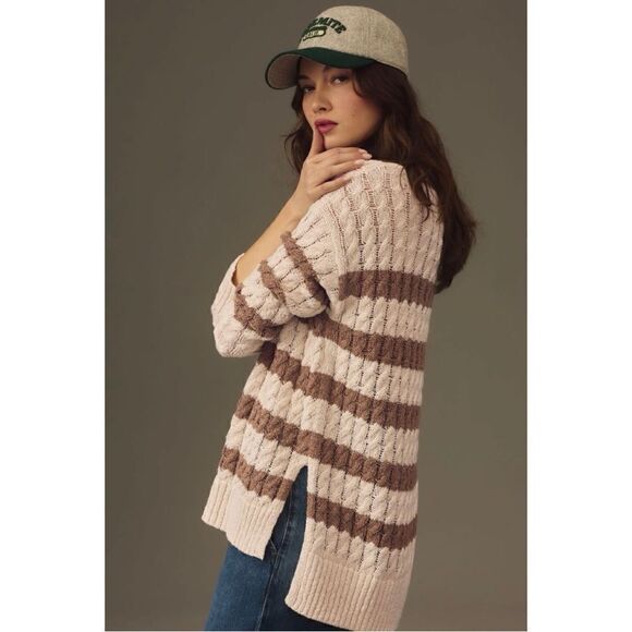 NEW Anthropologie Pilcro Camel Longline Stitch Striped Tunic Knit Sweater Small - Picture 3 of 8